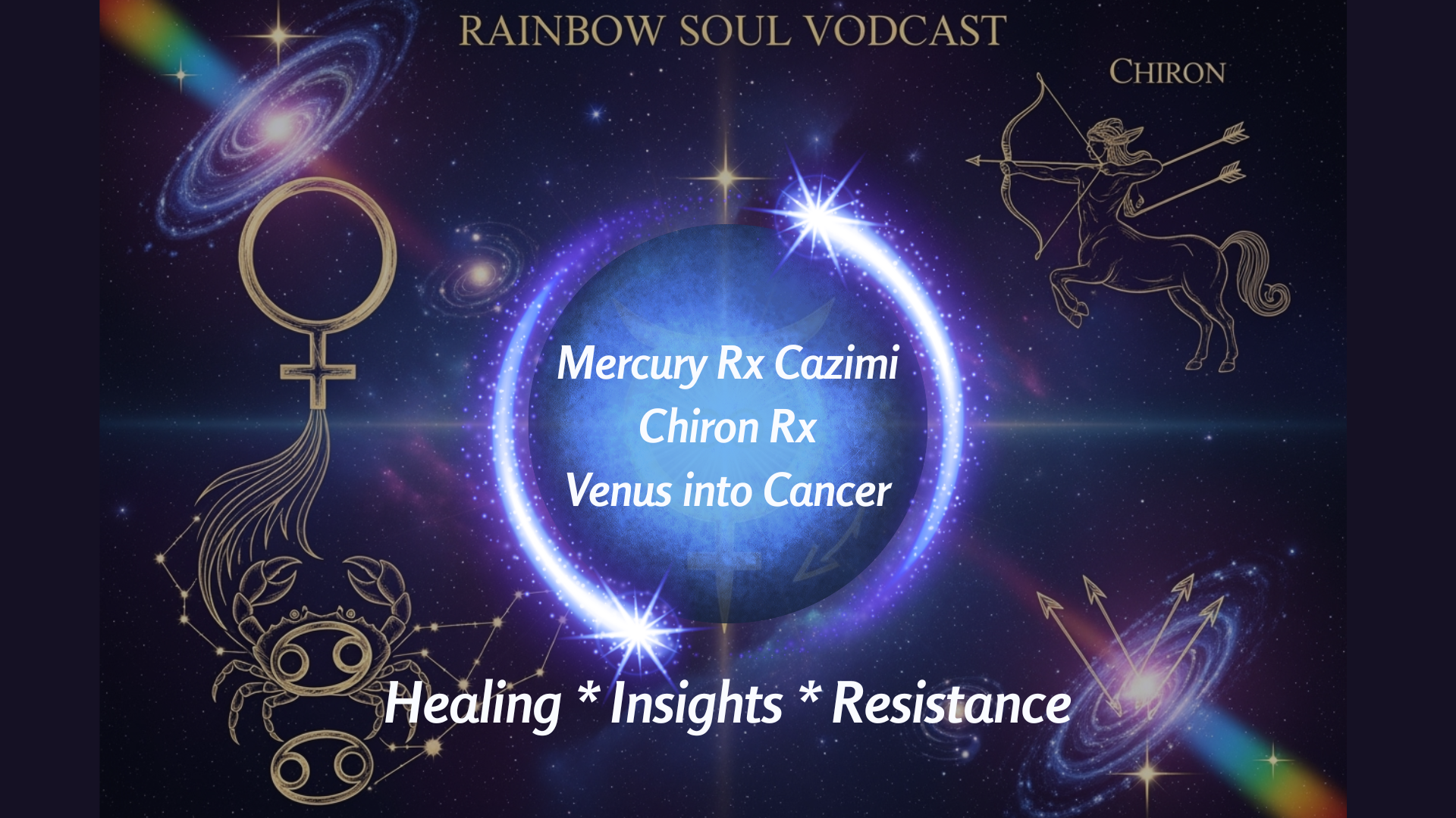 Rainbow Soul Vodcast weekly astrology forecast featuring Mercury Rx Cazimi, Chiron Rx, and Venus into Cancer with cosmic background, astrological symbols, and healing themes