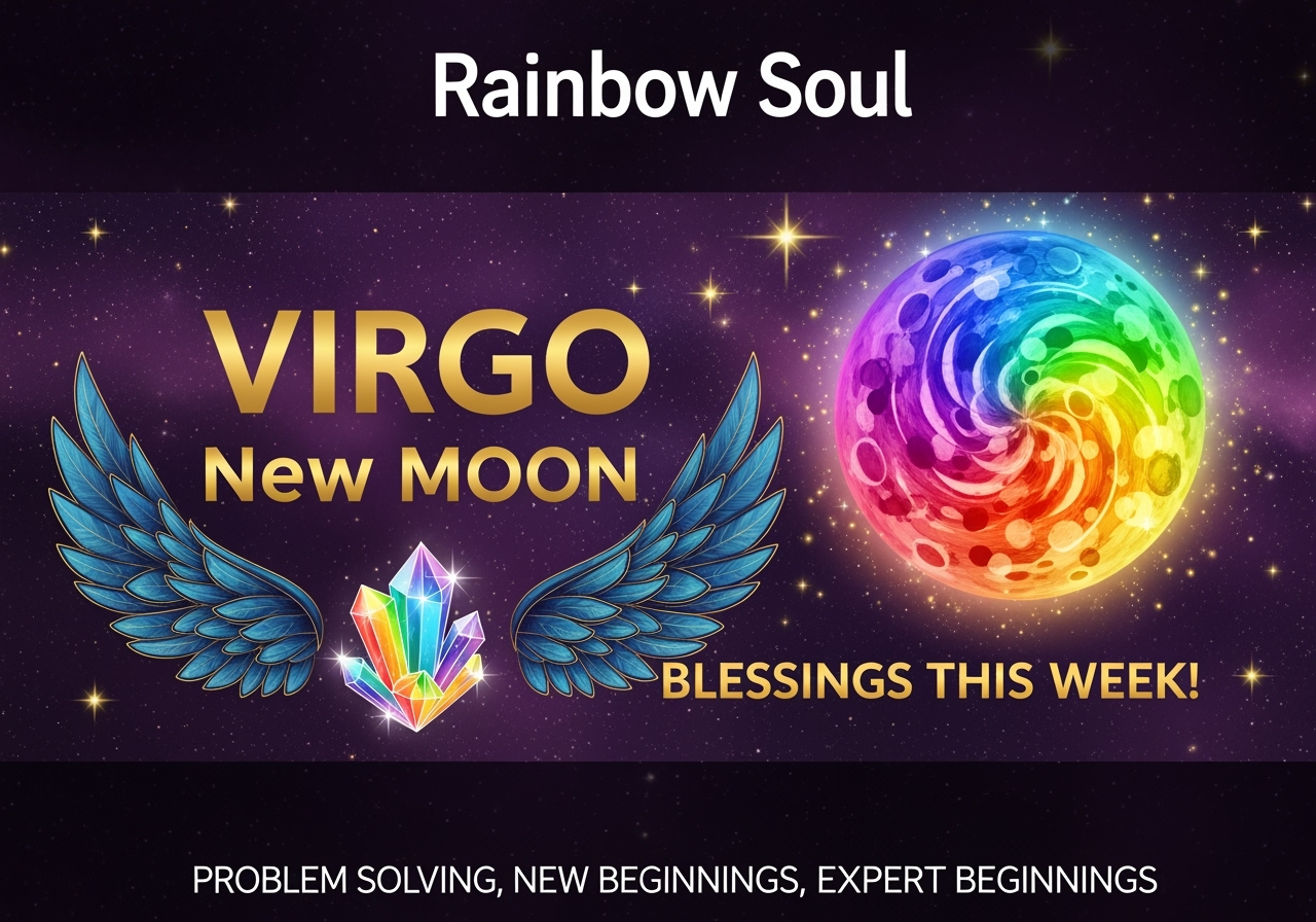 Rainbow Soul Virgo New Moon horoscope with cosmic moon, stars, and astrological blessings for problem solving and new beginnings