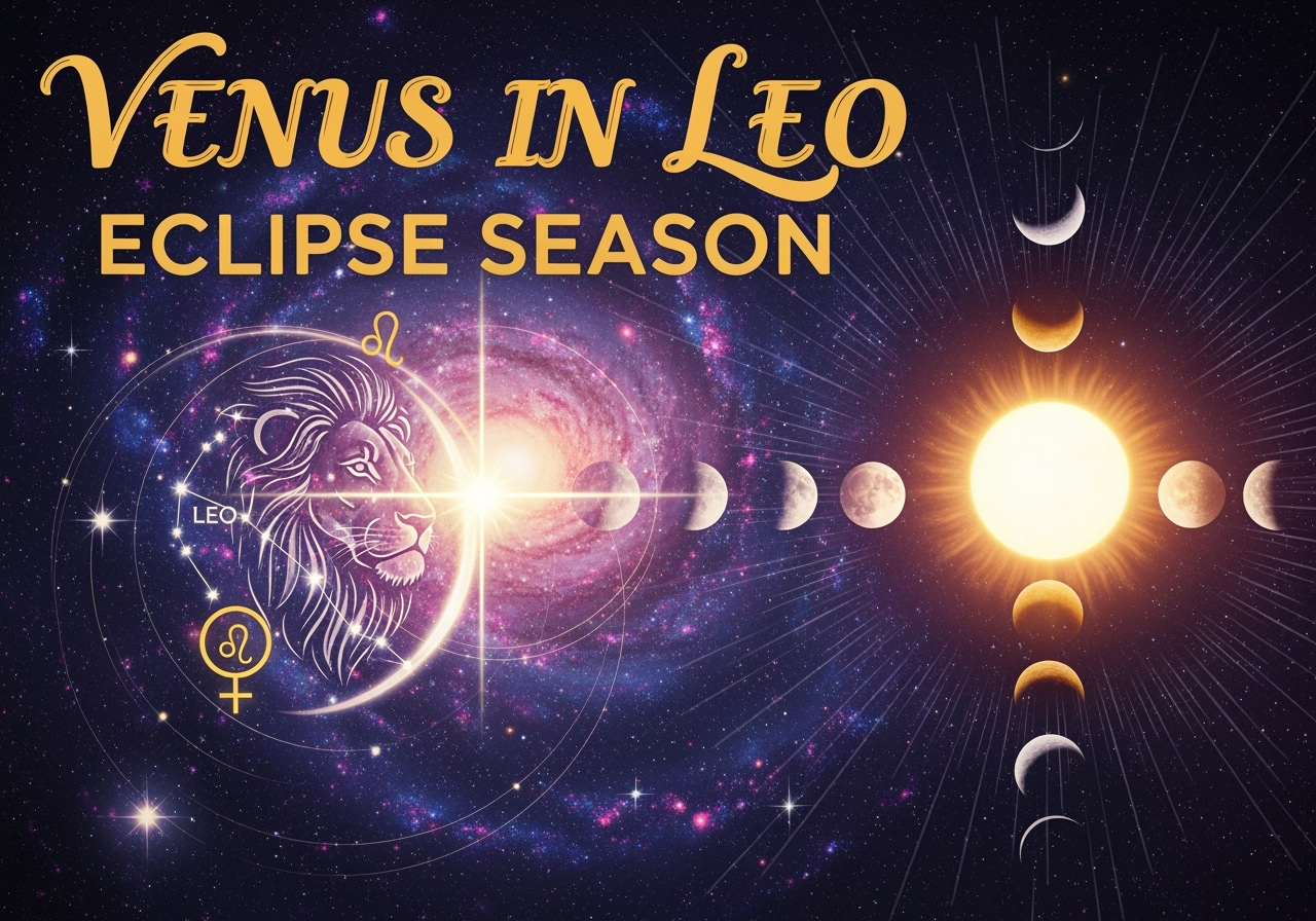 YouTube thumbnail for weekly astrology forecast featuring 'Weekly Astrology Report' in bold white text over a cosmic purple and gold background. The design includes celestial elements like stars, moon phases, astrological symbols, and mystical energy patterns. Text overlays highlight 'Venus in Leo' and 'Eclipse Season' themes with spiritual, magical aesthetic perfect for Rainbow Soul Astrology content