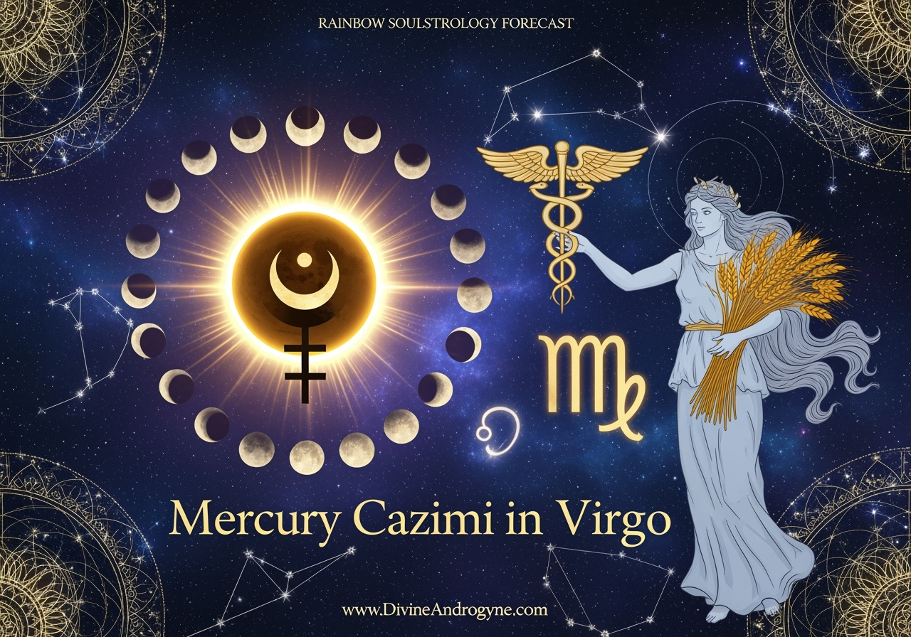 Mercury Cazimi in Virgo astrology image with authentic Mercury and Virgo symbols, goddess holding wheat, eclipse imagery, and text for Divine Androgyne and Rainbow Soulstrology Forecast on cosmic background