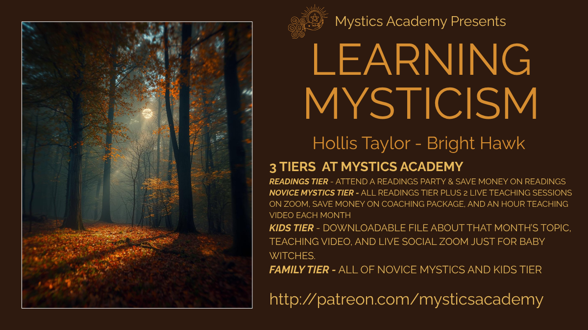 Learning Mysticism with Hollis Taylor and Bright Hawk - Mystics Academy 3 membership tiers including Readings Tier, Novice Mystics Tier, Kids Tier, and Family Tier