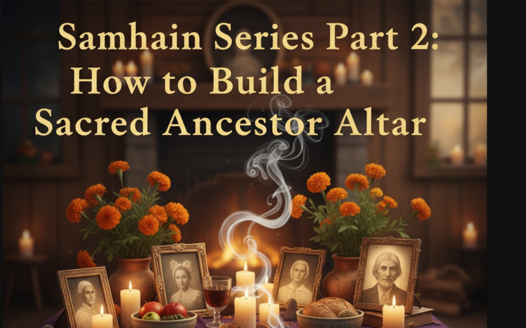 Sacred ancestor altar with candles, framed photos, marigold flowers, offering bowls, and autumn elements for Samhain ancestor veneration