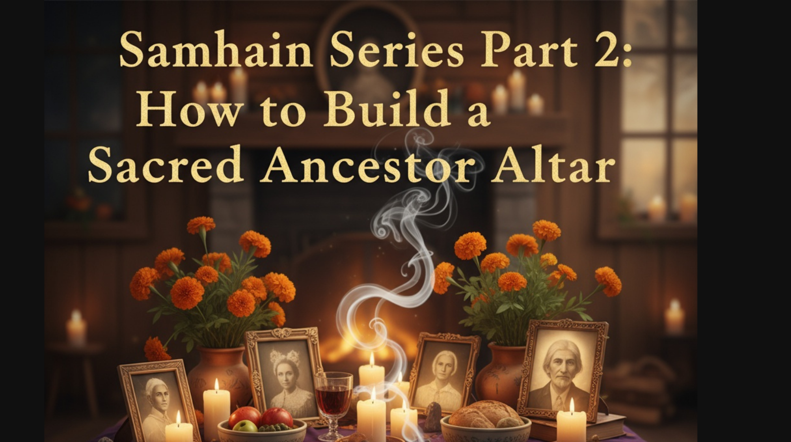 Sacred ancestor altar with candles, framed photos, marigold flowers, offering bowls, and autumn elements for Samhain ancestor veneration