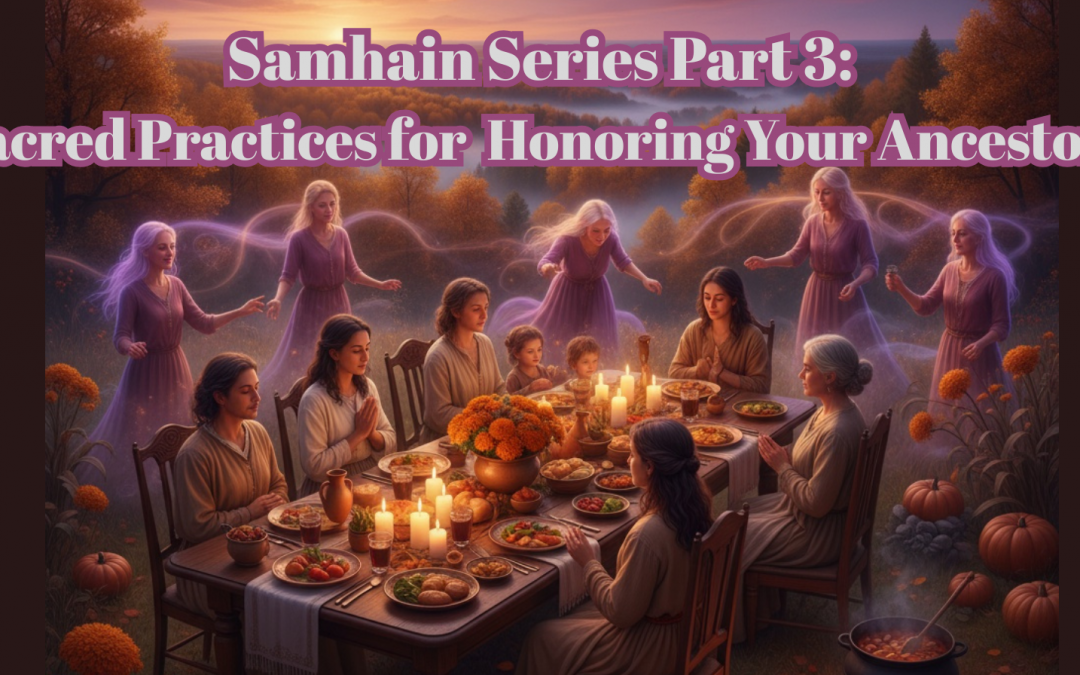 Family gathered around candlelit table for sacred dumb supper ritual honoring ancestors during Samhain with offerings, food, and ethereal ancestor spirits present