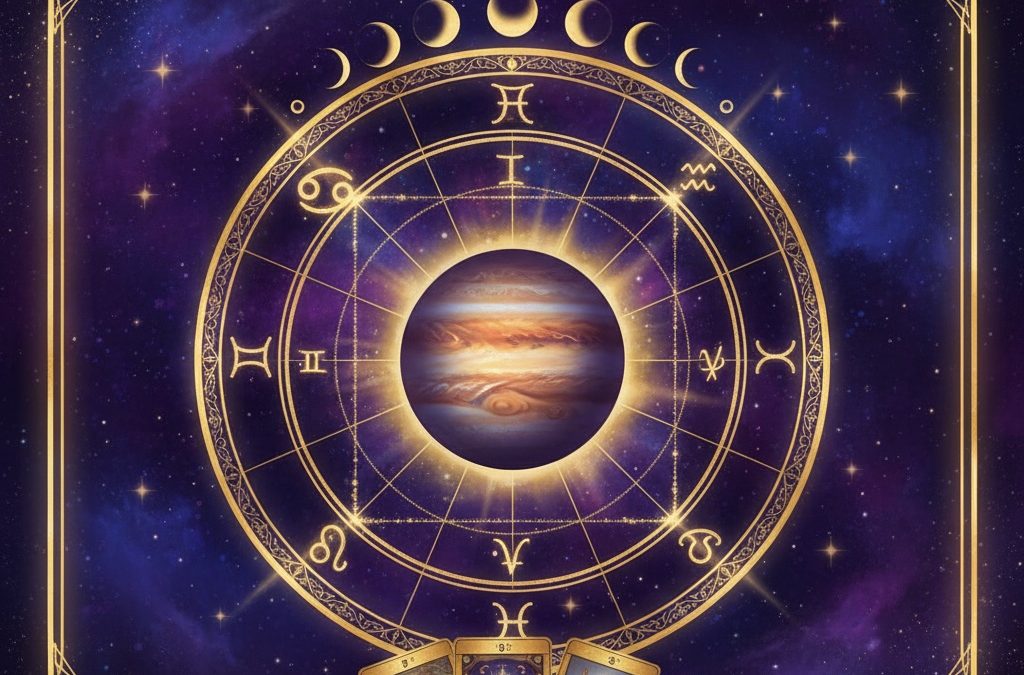 Mystical astrology illustration featuring zodiac wheel, Jupiter planet, and cosmic T-square pattern in purple and gold for weekly horoscope forecast September 29 - October 5, 2025