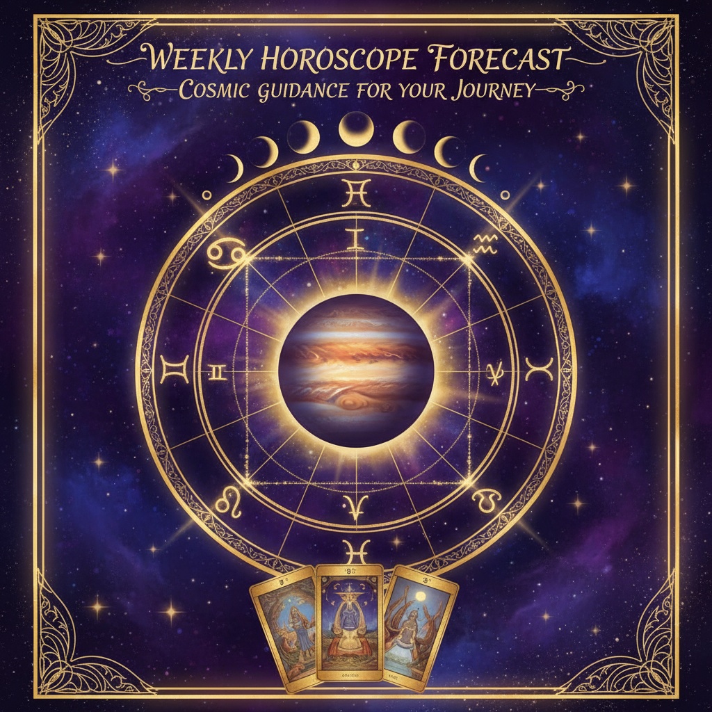 Mystical astrology illustration featuring zodiac wheel, Jupiter planet, and cosmic T-square pattern in purple and gold for weekly horoscope forecast September 29 - October 5, 2025