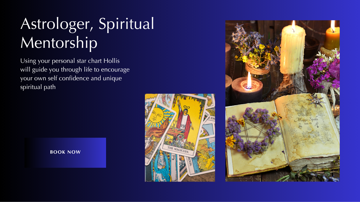 Astrology and spiritual mentorship booking banner with tarot cards and candle