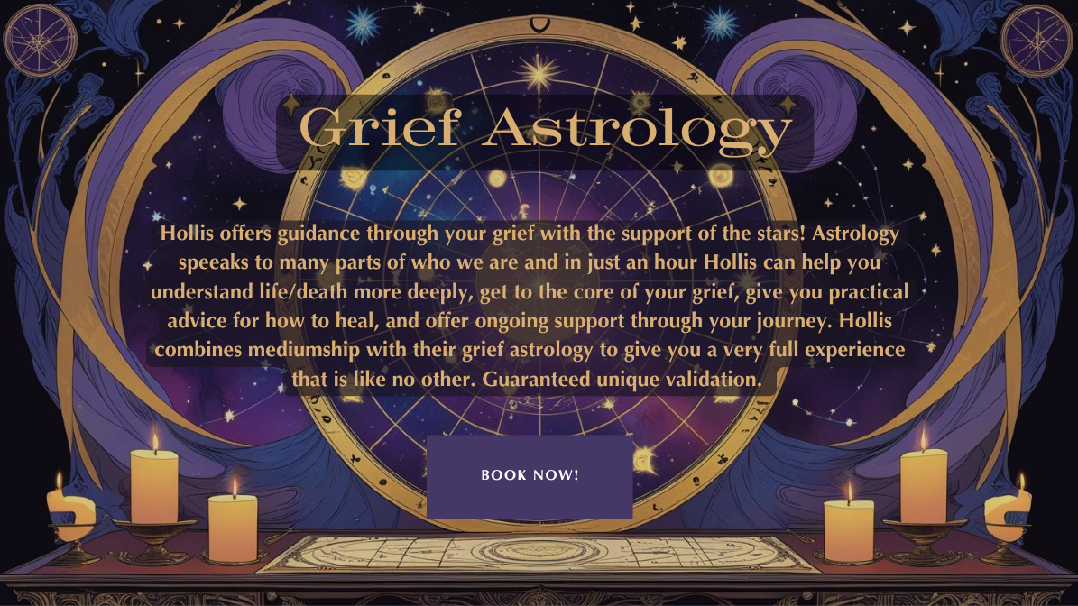 Grief astrology reading banner with zodiac wheel and candles